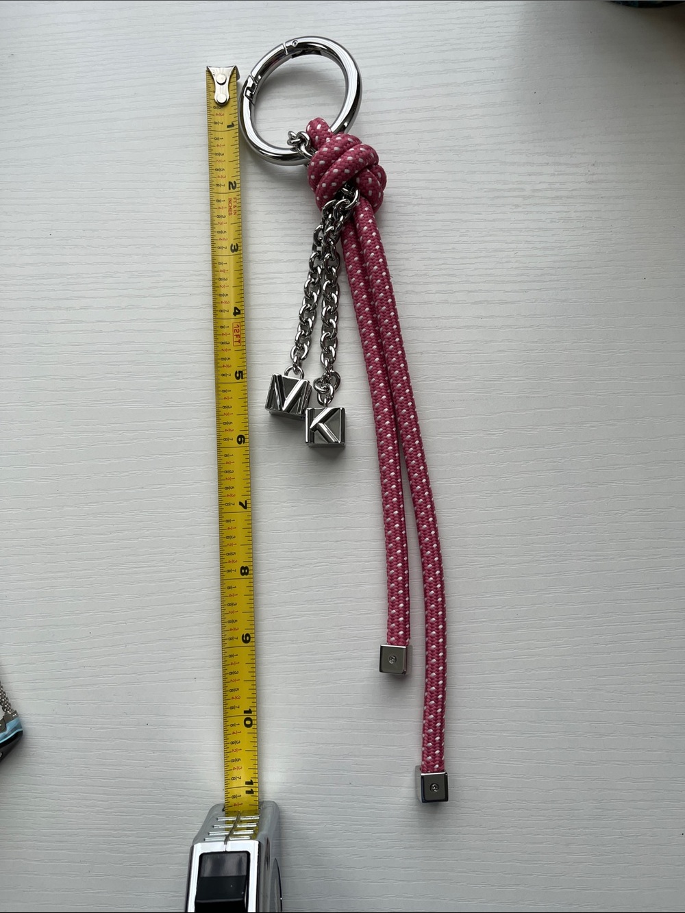 Michael Kors Pink Braided Rope Tassel Keyring, Bag Charm with Silver MK Charms - Picture 7 of 12
